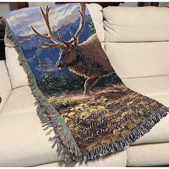 Siskiyou Bluff Elk Cotton Tapestry Throw Blanket Job 12:10 NEW Made in USA - Picture 5 of 11